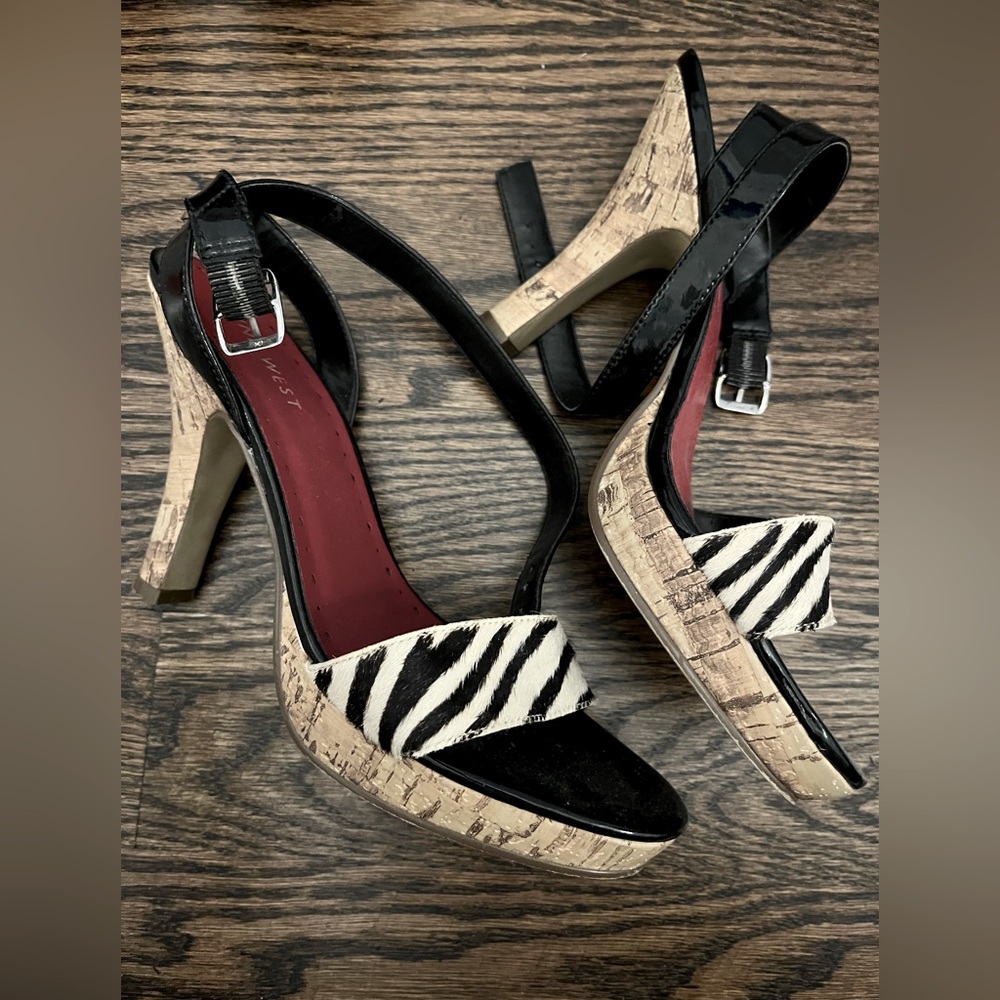 Nine West Cow print strappy cork heels